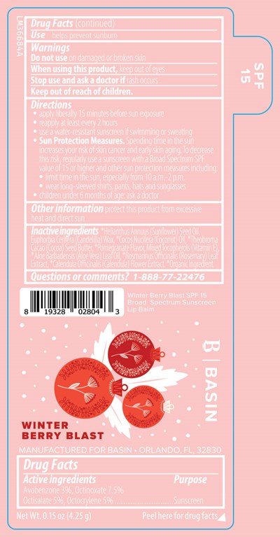 Basin Winter Berry Blast Spf 15 Broad Spectrum Sunscreen Lip Balm 0.15 Oz Label (84603 118 01 Lm36684a Pl 118s  Winter Berry Blast Vegan Pomegranate Spf 15 Broad Spectrum Sunscreen Lip Balm 2024 9 4 Ol)